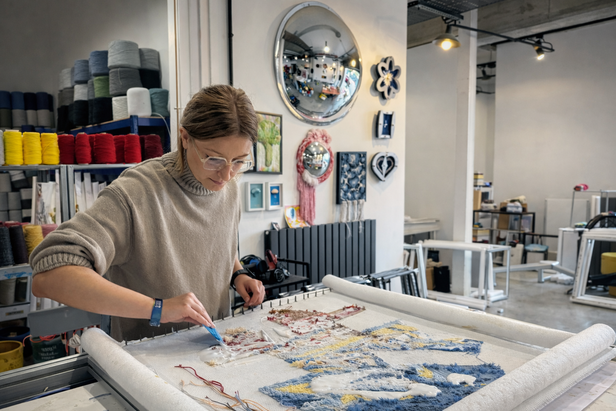Cheeky Studio artist working on a large-scale bespoke tufted rug commission on an oversized frame, in the Hackney Wick creative studio