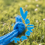 Blue Loop 8 recycled polyester yarn on grass with playful graphic text, showing soft fluffy yarn texture for craft projects