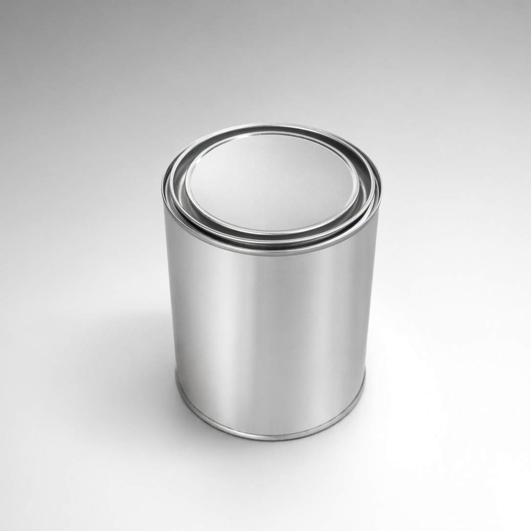 Silver cylindrical container on a gray background
