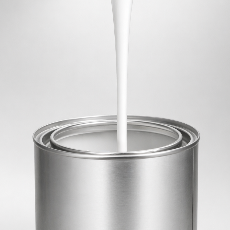 White paint being poured into a silver paint can on a light gray background
