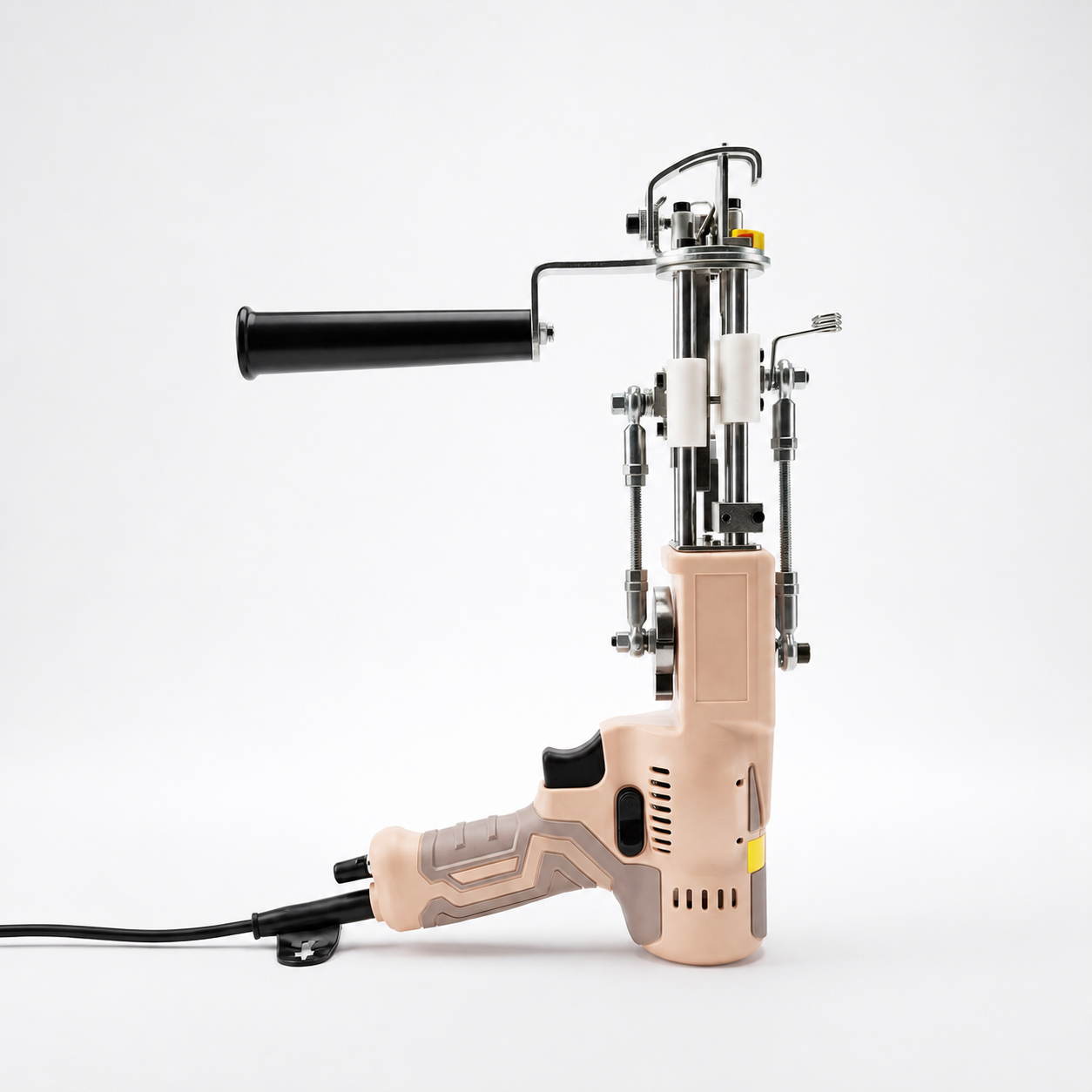Desert Brown AK-V tufting gun upright with black support handle attached — UK Tufting