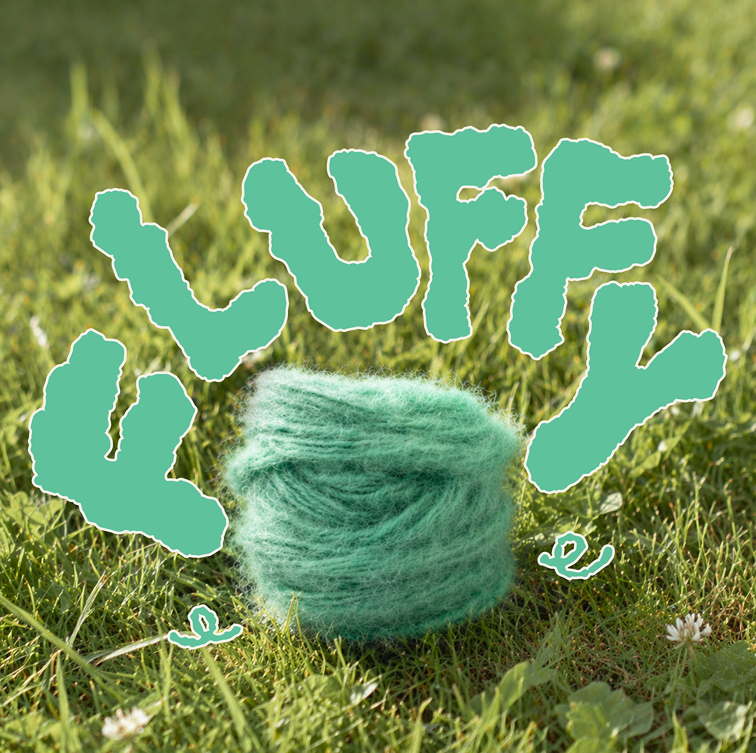 Mint green Loop 8 recycled polyester yarn on grass with bold fluffy text, showcasing soft super bulky yarn for creative craft projects