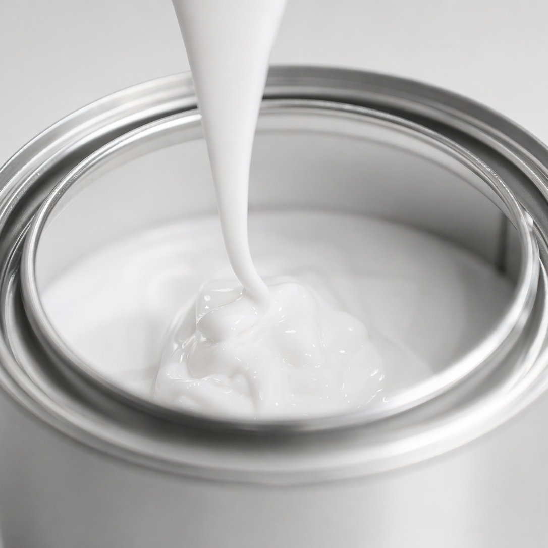 White paint being poured into a silver paint can on a light gray background