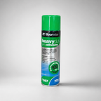 Can of floor adhesive with green and blue label on a gray background