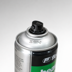 Spray can with black nozzle and visible branding on a white background
