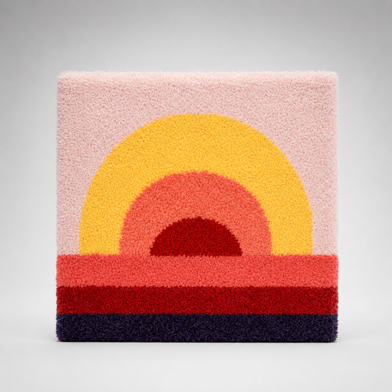 Square rug with colorful geometric design on a gray background