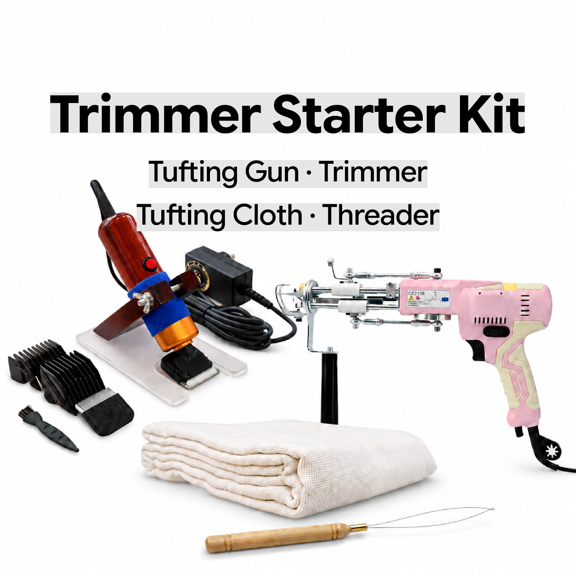 Trimmer Tufting Starter Kit — AK-V tufting gun, 
tufting trimmer, tufting cloth and wood threader 
bundle for rug tufting, UK Tufting