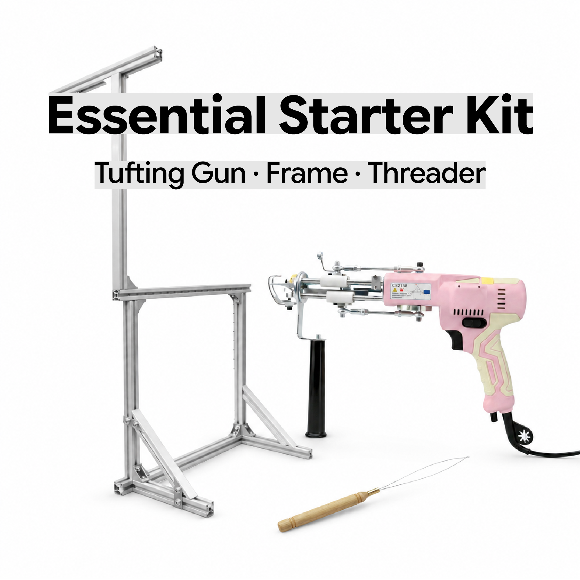 Essential Tufting Starter Kit — AK-V tufting gun, 
aluminium tufting frame and wood threader bundle, 
beginner rug making kit UK, UK Tufting