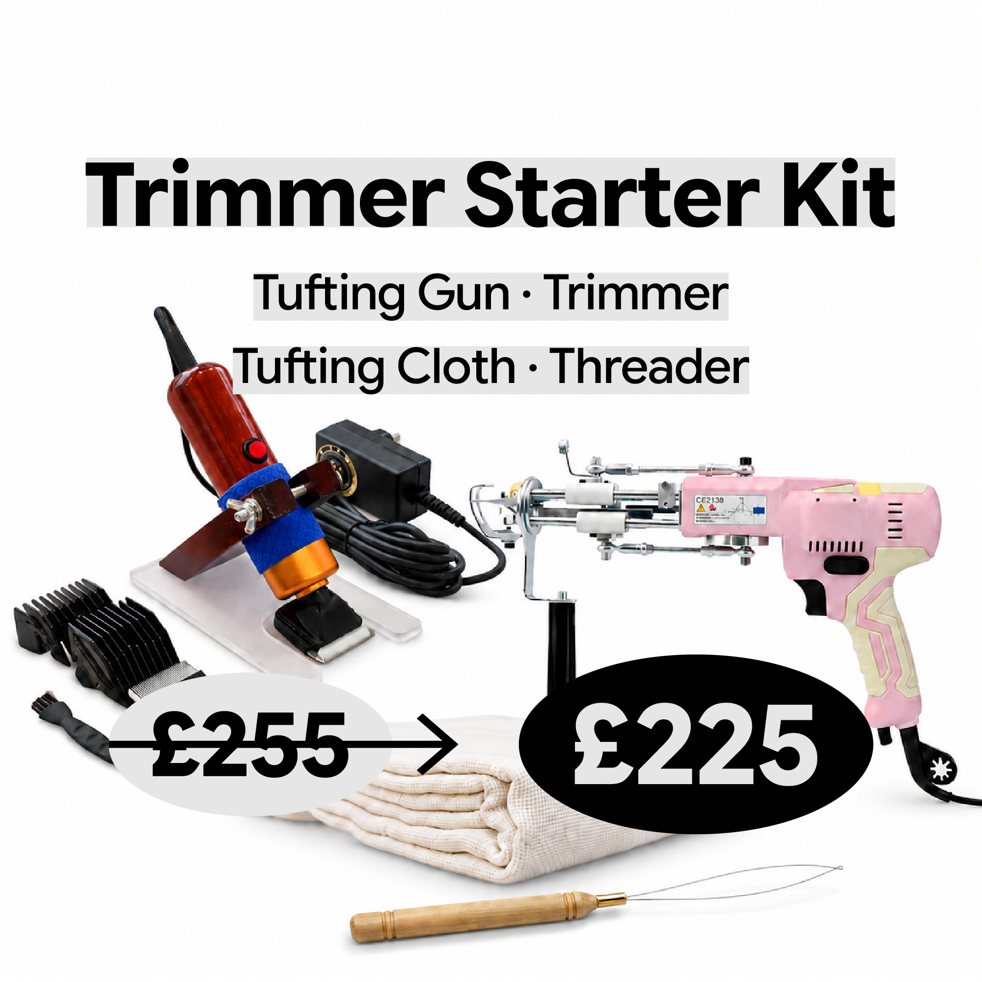 Trimmer Tufting Starter Kit — AK-V tufting gun, 
tufting trimmer, tufting cloth and wood threader 
bundle for rug tufting, UK Tufting