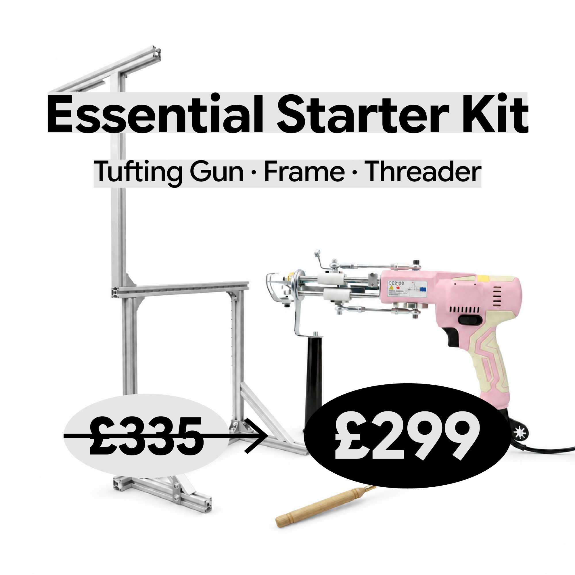 Essential Tufting Starter Kit — AK-V tufting gun, 
aluminium tufting frame and wood threader bundle, 
beginner rug making kit UK, UK Tufting