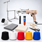 Studio Tufting Kit contents including AK-V tufting gun, 90cm aluminium frame, Trace and Tuft projector, trimmer, lined cloth, backing fabric, scissors and five Loop 8 yarn cones, from UK Tufting